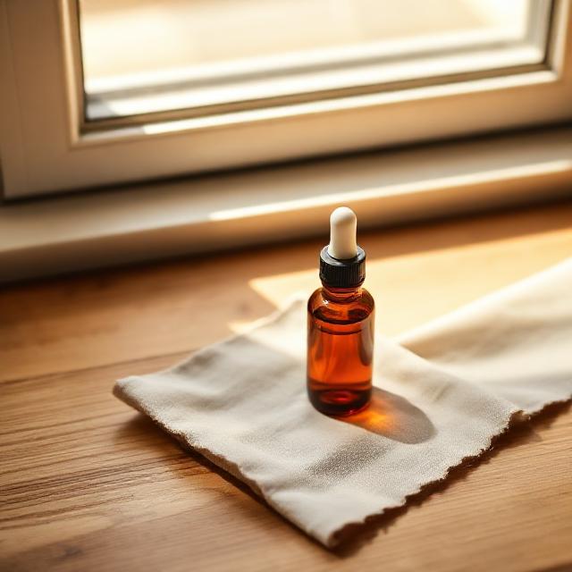 Minimal still life: a single small amber glass dropper bottle on raw linen in warm natural light, muted earthy tones
